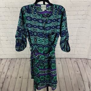 Maeve Anthropologie Frequencies Ikat Belted Shirt Dress Teal and Purple Medium